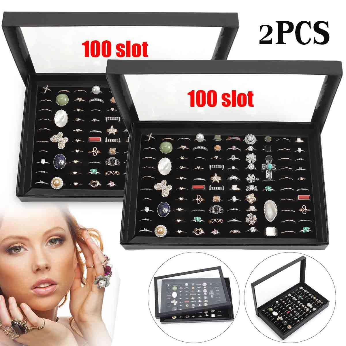 200 Slots Jewelry Ring Display Organizer Tray Holder Earrings Storage Box Case