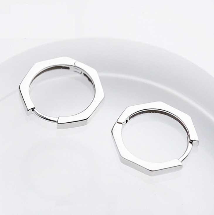 Solid 925 Sterling Silver Octagon Huggie Hoop Earrings Plain 15mm Men Women D25