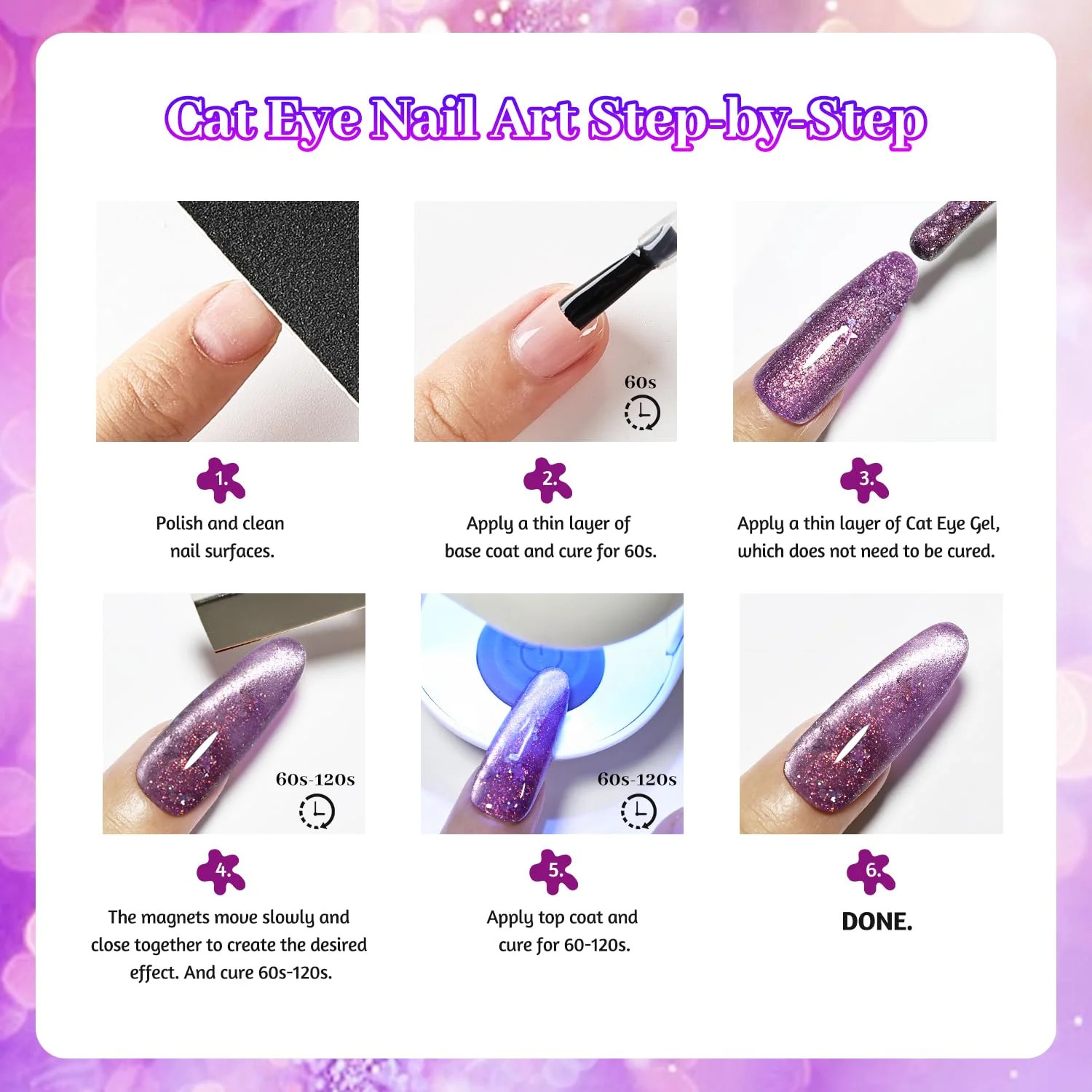 Cat Eye Gel Nail Polish Set 10 Colors Glitter Pink Purple Blue Green with Base C