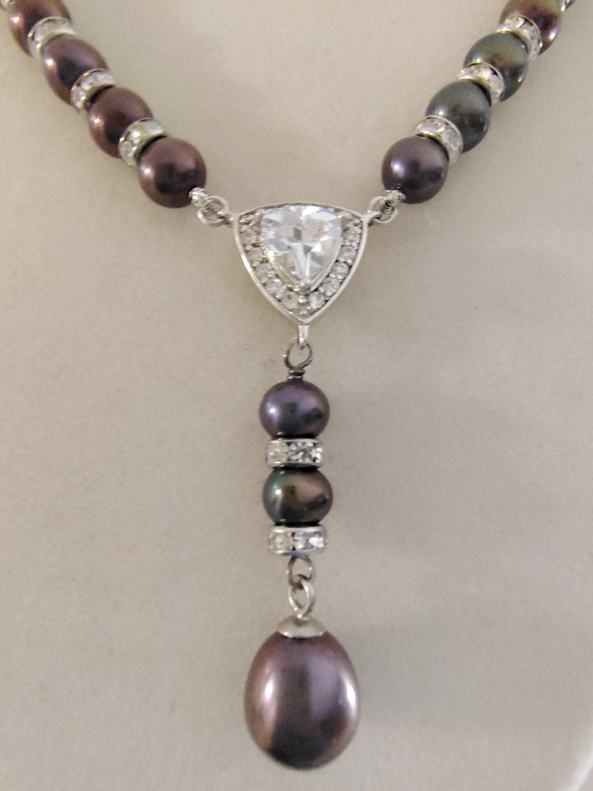 Danbury Mint Peacock Black Pearl Trillion CZ Y Drop Necklace 18″ + 2″ Extender