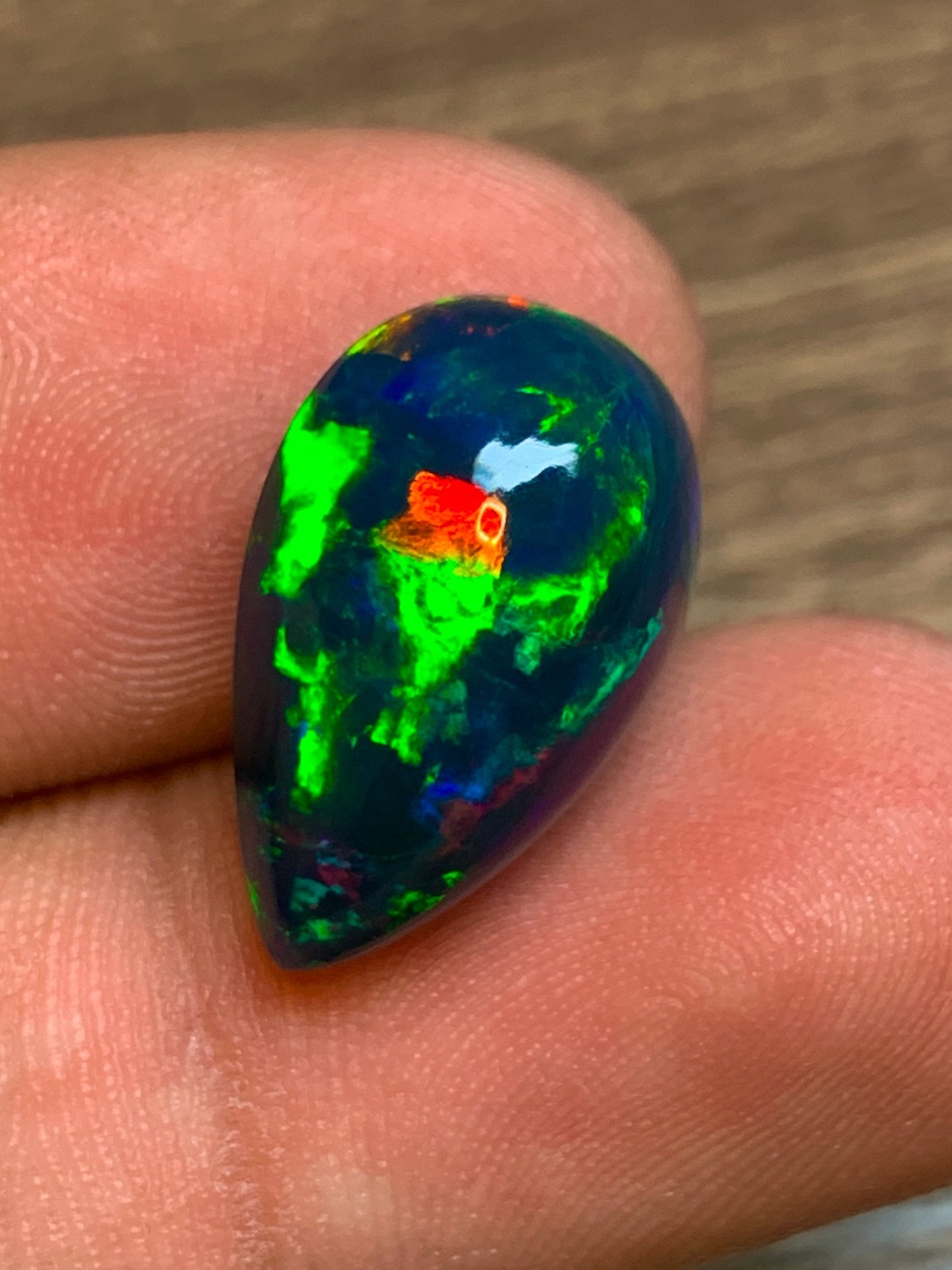 7.7ct Multi-Fire Ethiopian Black Welo Opal Pear Cabochon Statement Jewelry