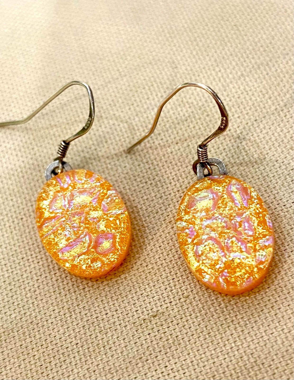 Orange Fused Dichroic Art Glass Dangle Earrings – Sterling Silver Ear Wires