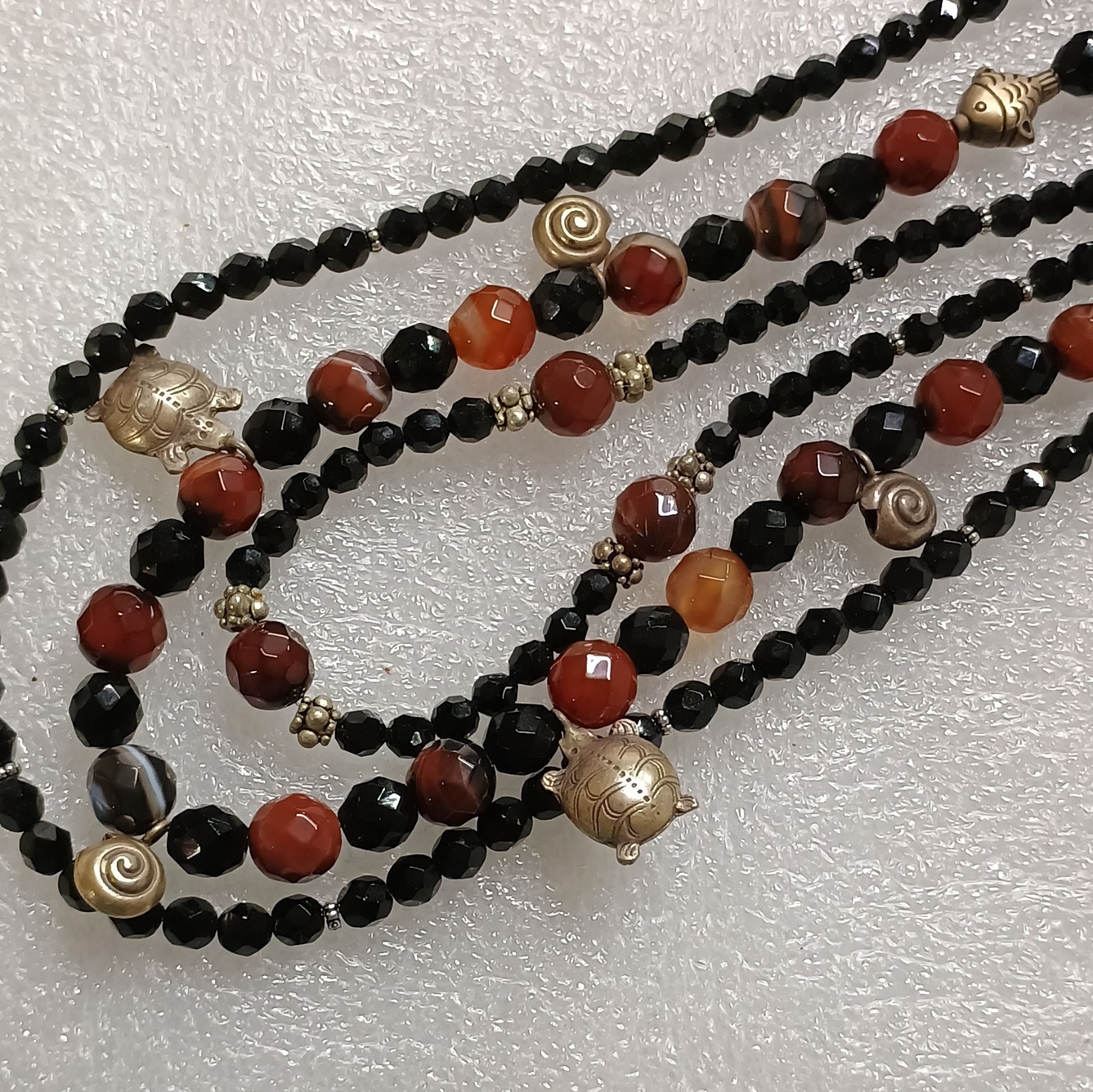 Multi-Strand Layered Black Red Beaded Necklace w/ Round Agate Turtle Charms .925