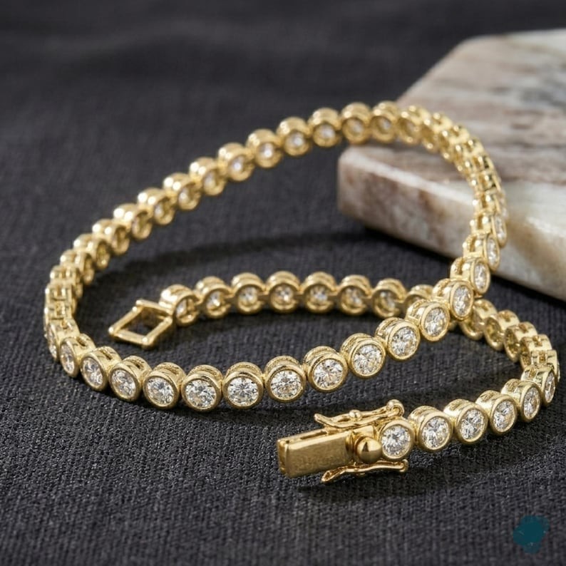 3.0 MM Round Moissanite Bezel Set 14K Gold Tennis Bracelet For Women