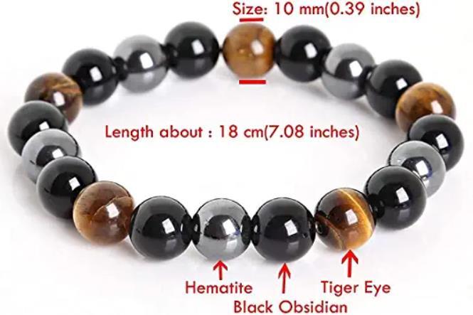 10mm Beaded Triple Protection Tiger Eye Obsidian Hematite Men Stretchy Bracelet