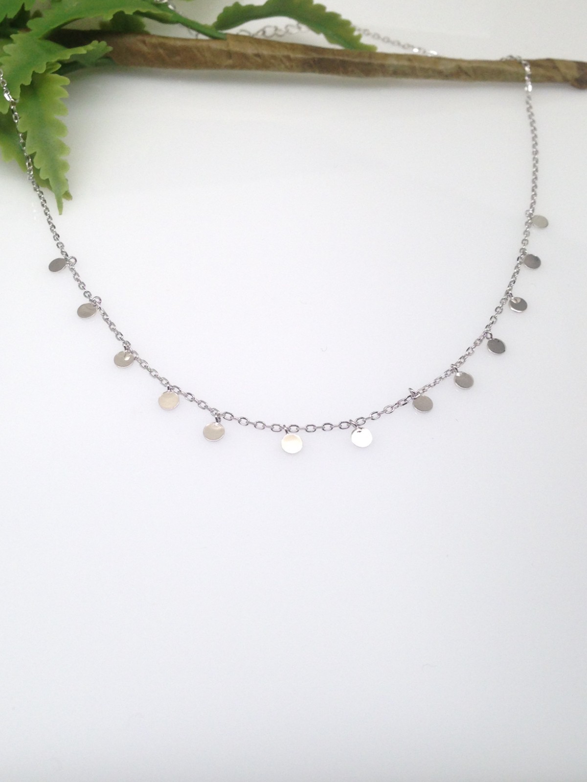 925 Sterling Silver Disc Dangle Charm Choker Necklace Station 2.9mm 12.5-15.5″