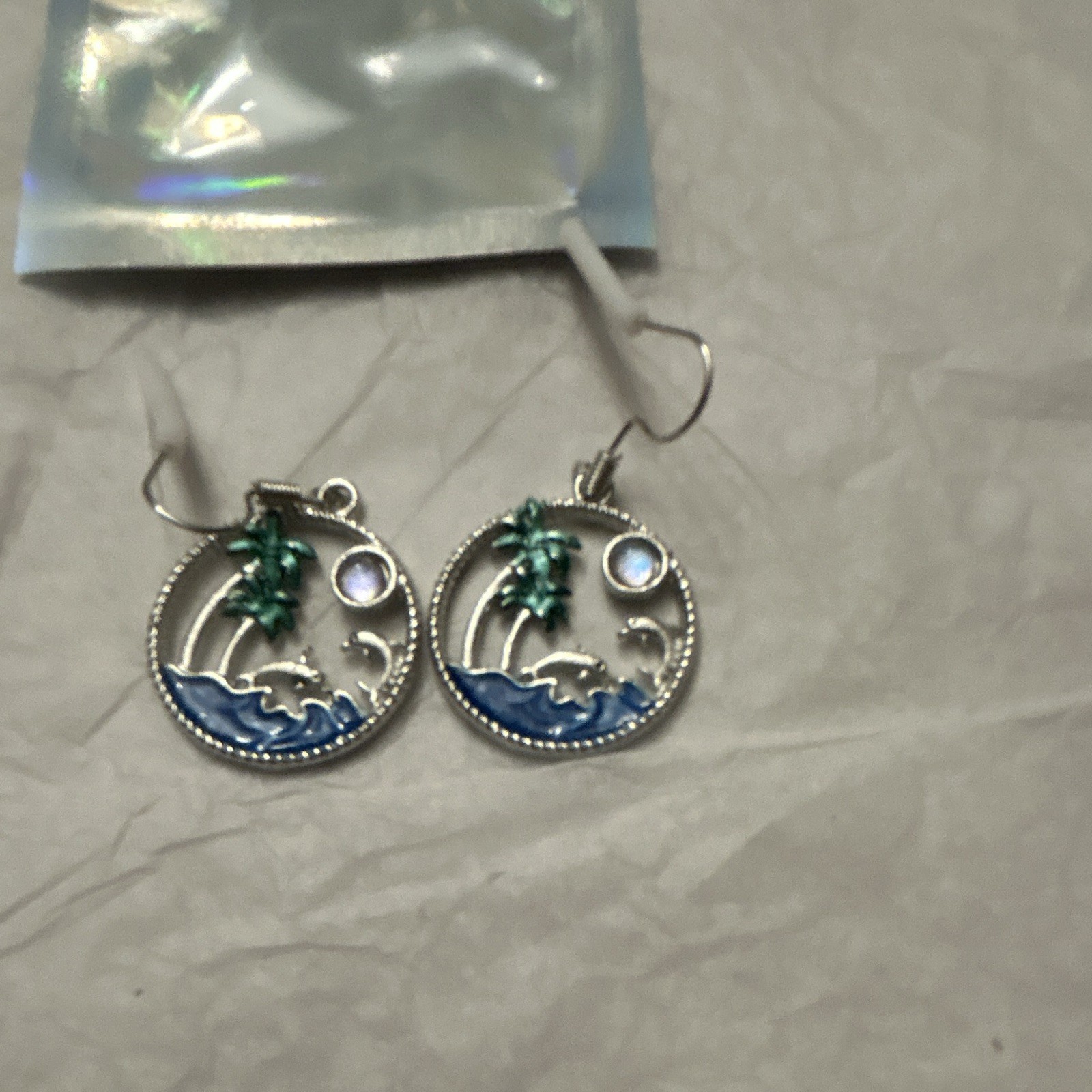 Dolphin Silver Tone Round Dangle Drop Hook Earrings