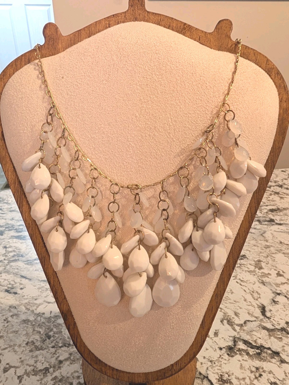 White Beaded Bib Statement Necklace Gold Tone Cable Chain Lobster 16-18 in