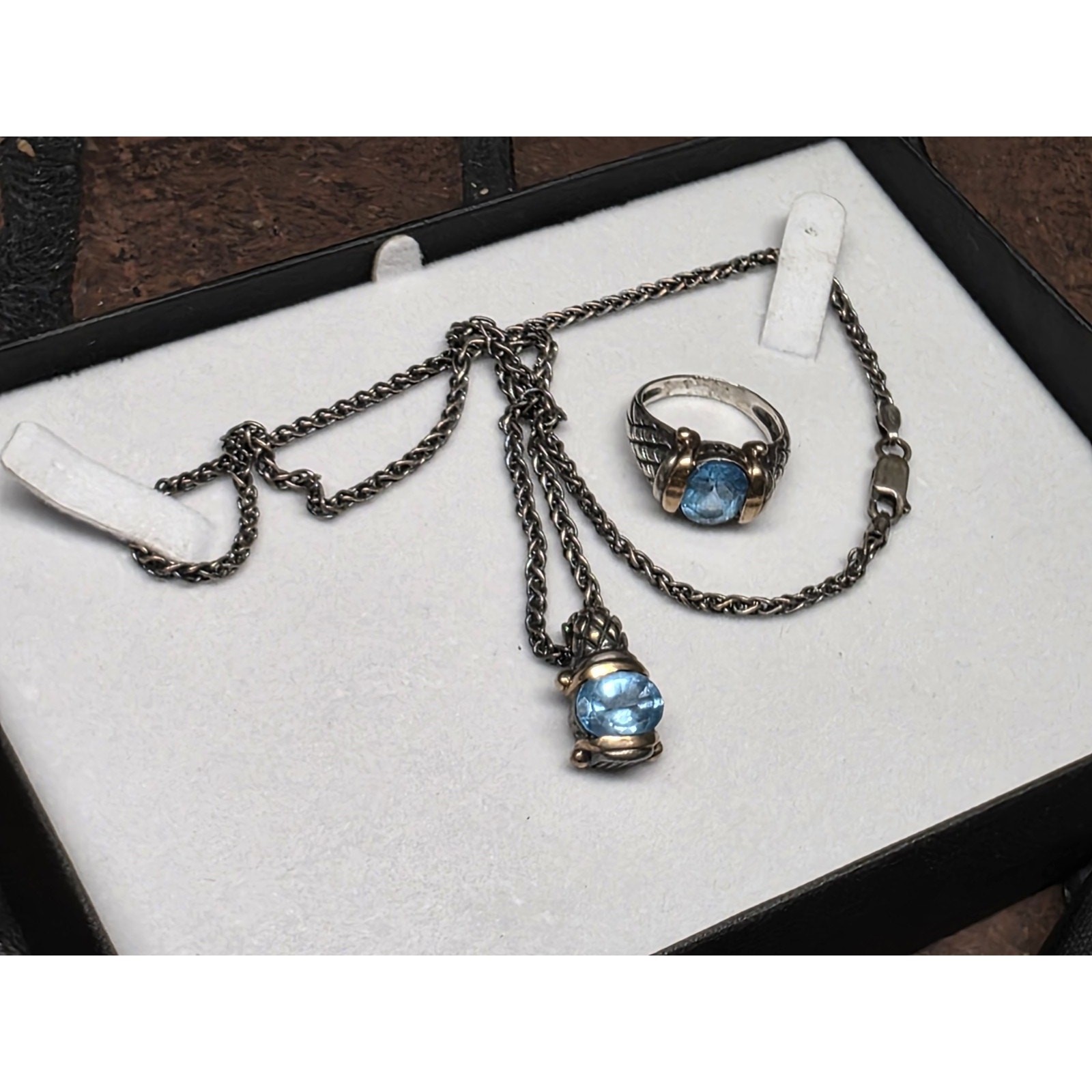Ladies STERLING SILVER LIGHT BLUE TOPAZ NECKLACE And Ring Set