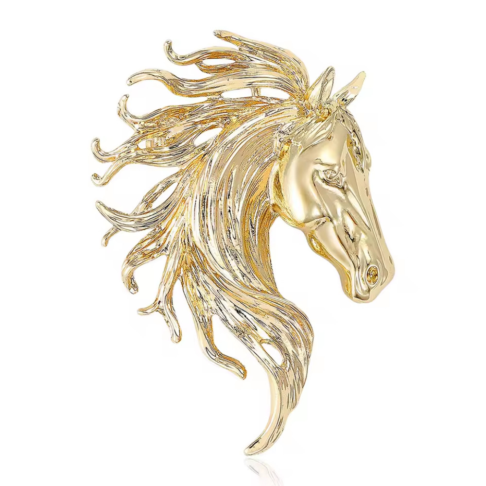 Vintage Art Style Glossy Horse Head Brooch Gold Statement Animal Pin Jewelry Gif