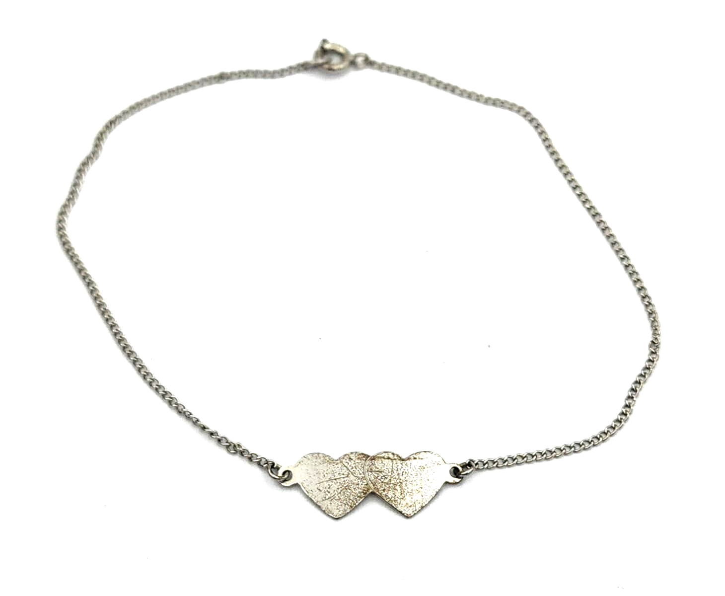 Antique Sterling Silver ID Identification Double Heart Ankle Bracelet 9″ #B204