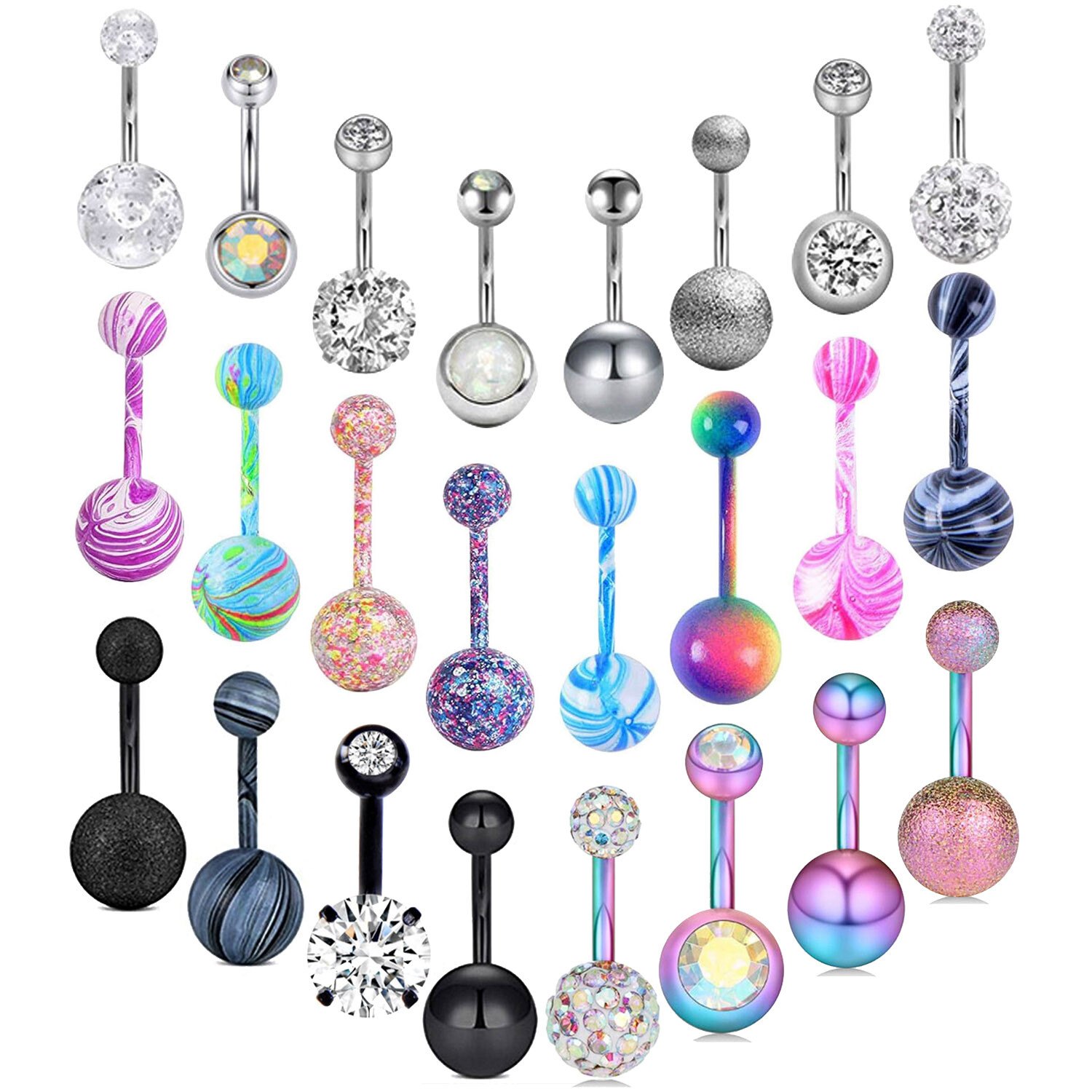 3-100PCS Belly Button Rings Kit 14G Surgical Steel/UV Navel Studs Body Jewelry