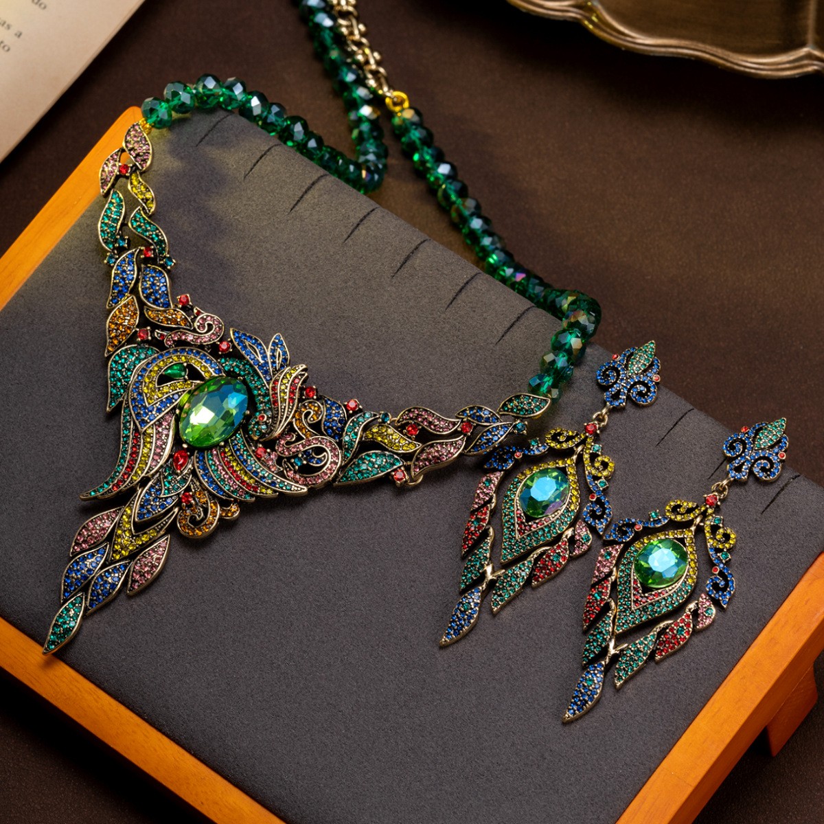 Vintage Handbeaded Multicolor Rhinestone Bib Necklace and Earrings Set for Women