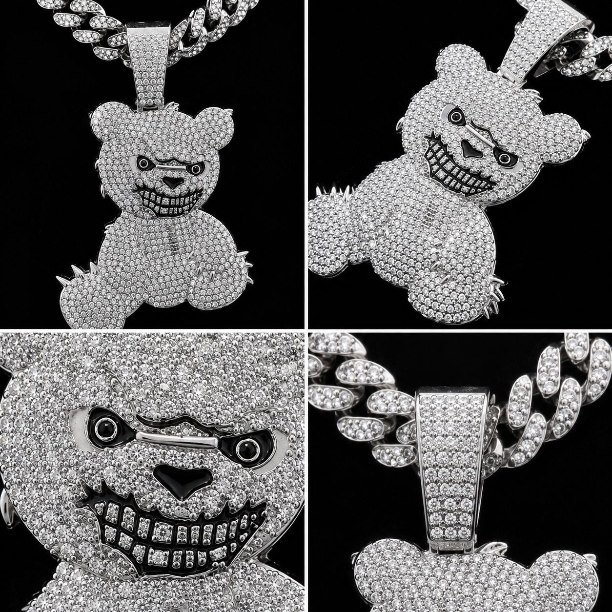 Iced Out Evil Bear Hip Hop Pendant Necklace Cuban Link Chain Bling Silver Gold