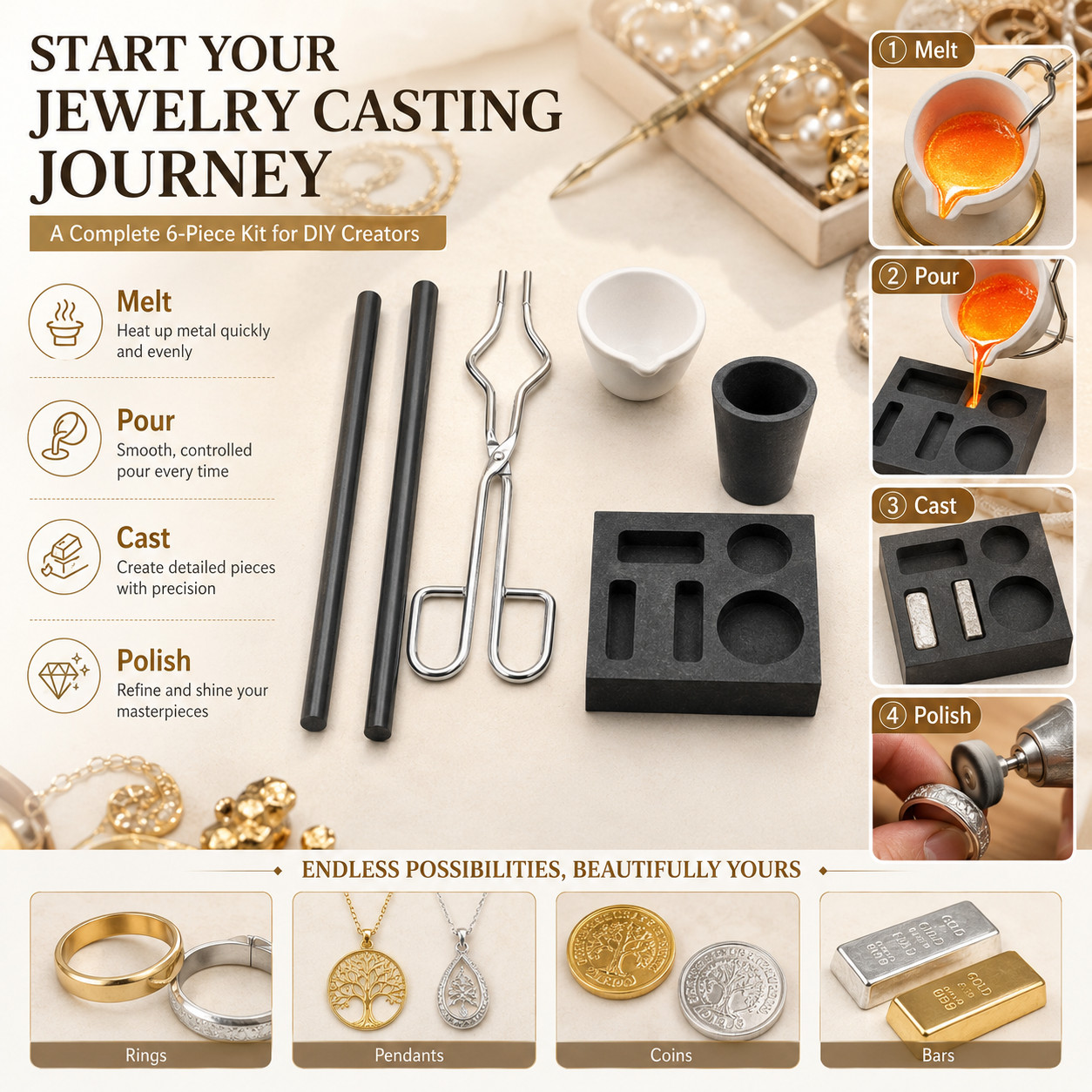 Graphite Casting Mold and Crucible Combo Kit 6PCS for Gold Silver Copper Melt