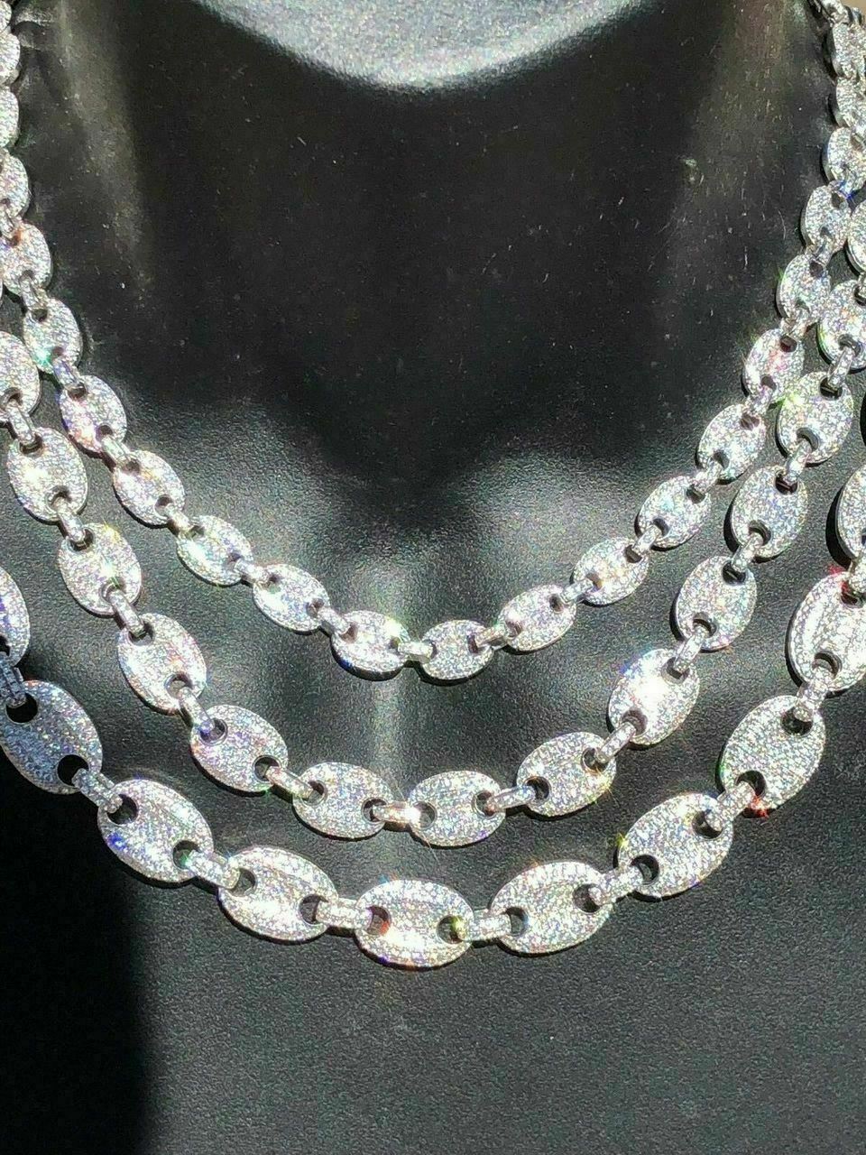 Solid 925 Silver Mens Puffed Mariner Link Chain CZ Hip Hop Iced