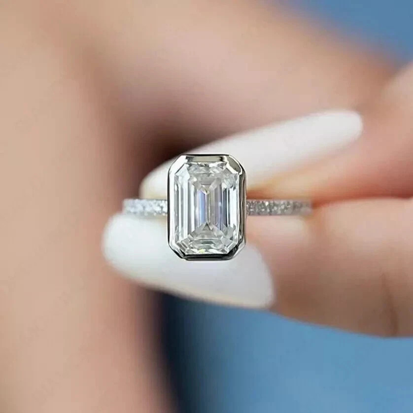 3 Ct Emerald Lab Created Diamond Bezel-Set Wedding Ring 14K White Gold Plated