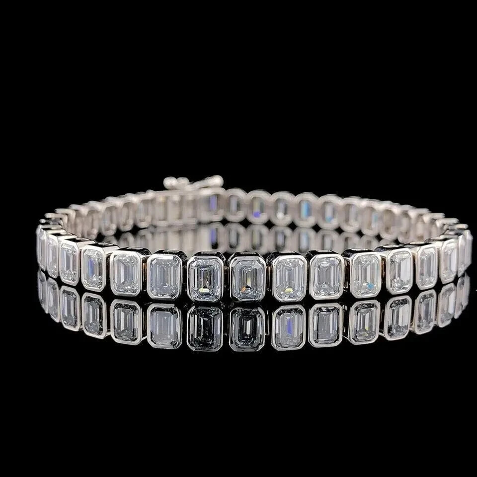14K White Gold Over 5.50Ct Emerald Cut Lab-Created Diamond Bezel Tennis Bracelet