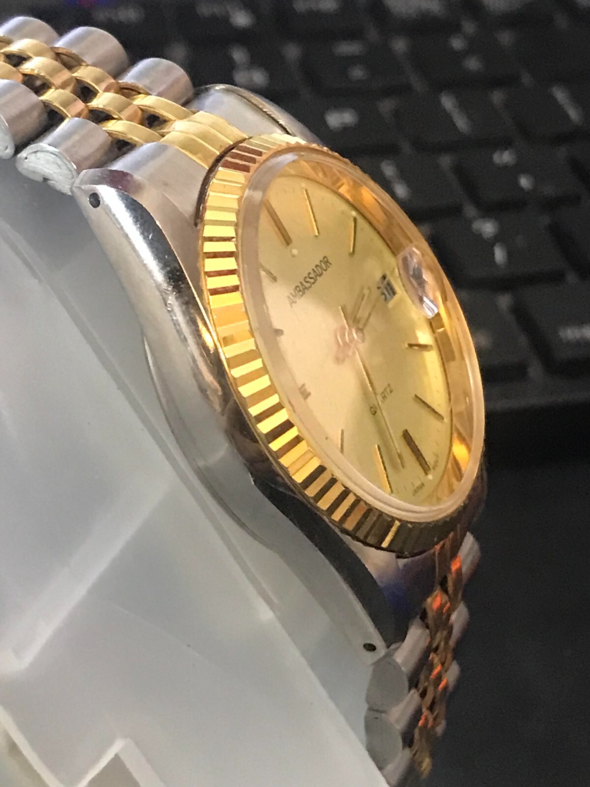 Ambassador 35mm 2 Tone Gold Dial President Date Quartz Men Watch, Run (Lot2342)