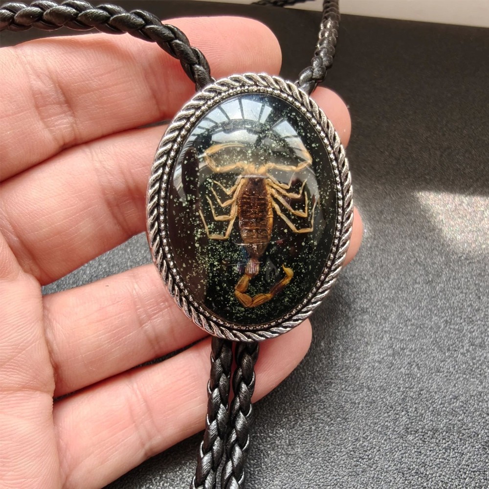 Faux Leather Western Gothic Wedding Necklace Necktie – Black Scorpion Bolo Tie