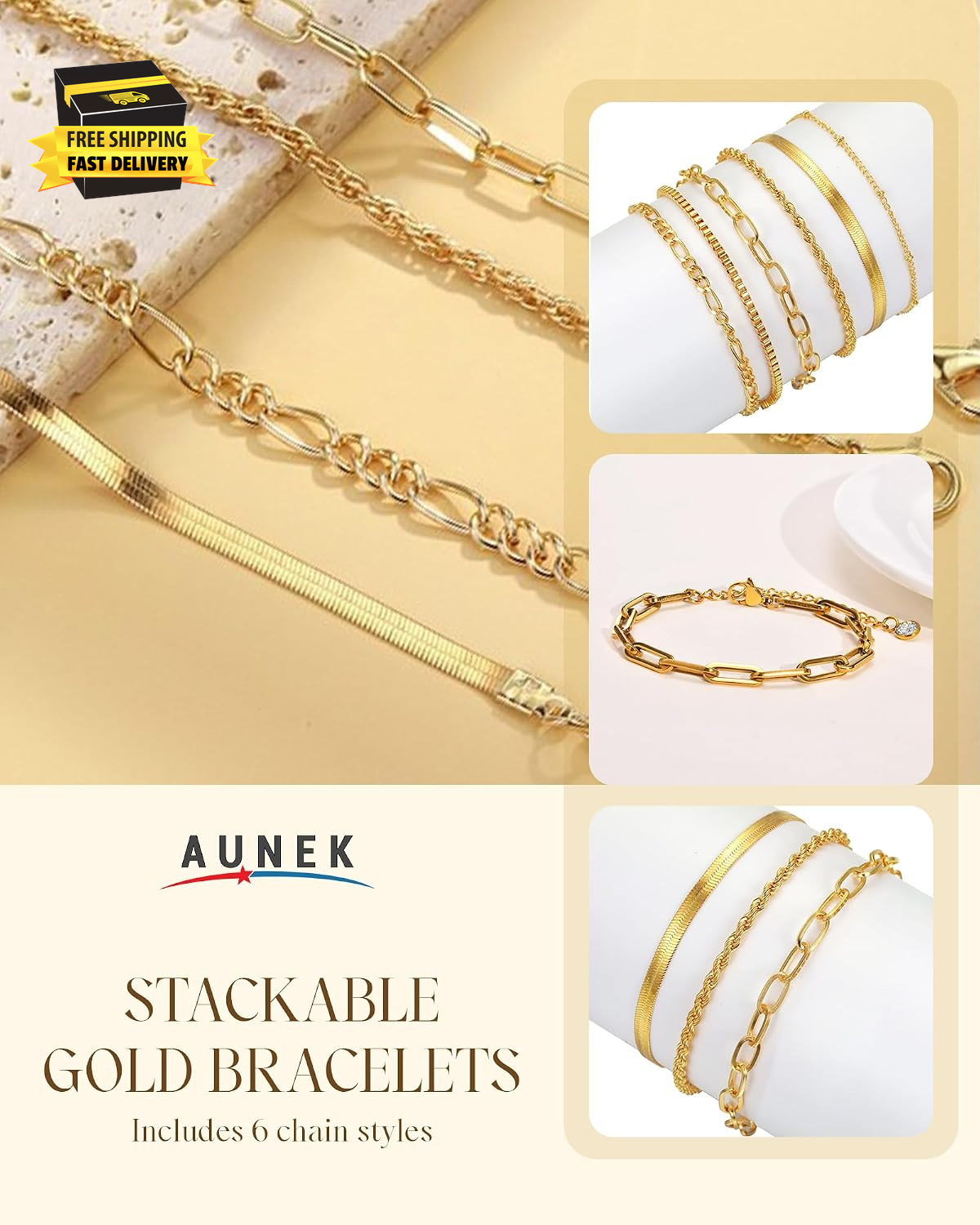 Stackable Ankle Bracelets for Women, 6Pcs 14K Gold Plated Non Tarnish Adjustable