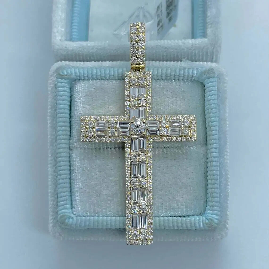 3Ct Baguette Cut VVS1 Diamond New Cross Pendant 14K Yellow Gold Over Free Chain