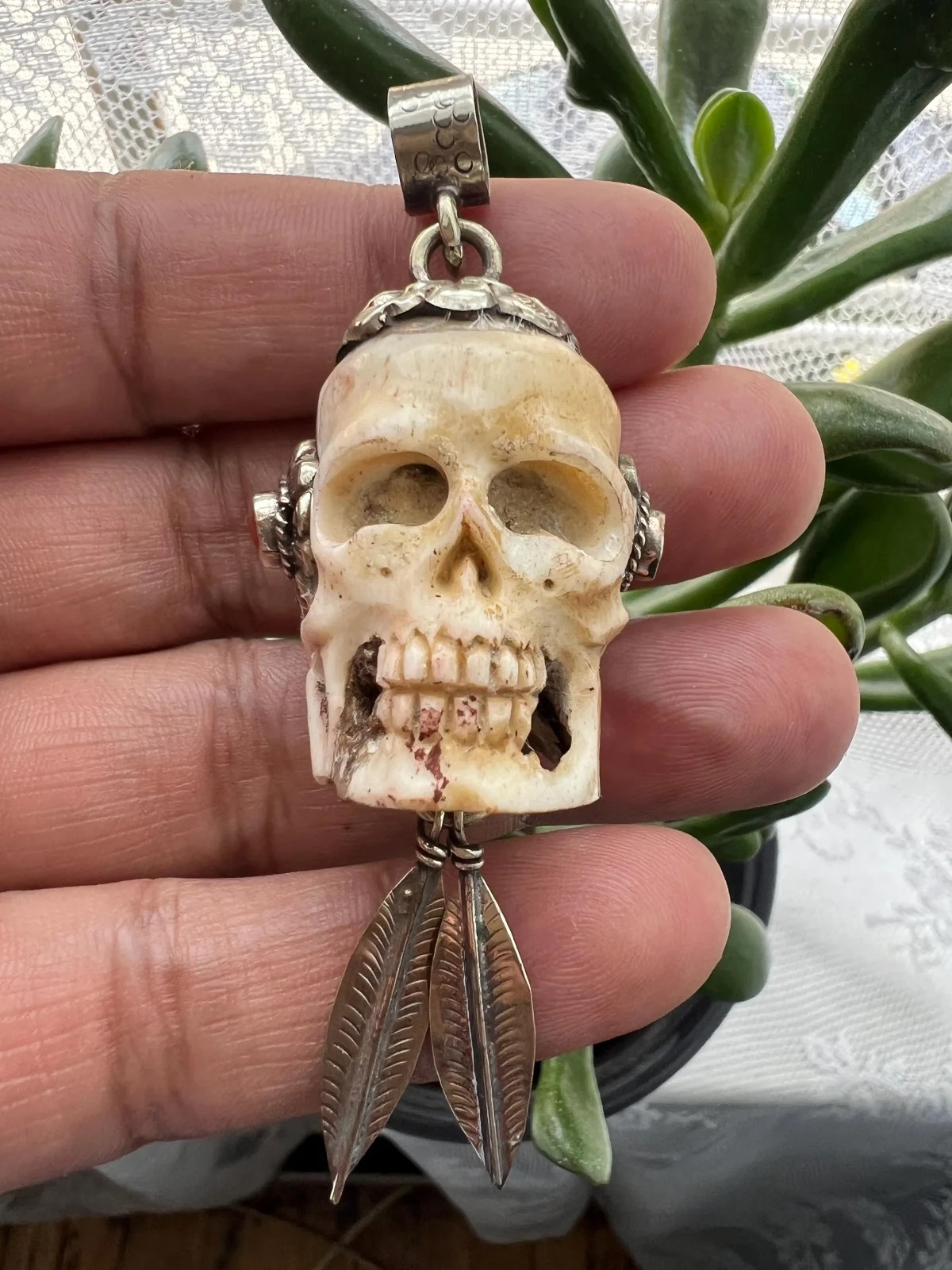 Skull carved set with coral pendant, Tibetan silver, 3×1 inches (B-3)