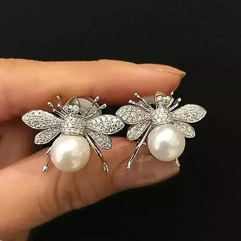 Women’s 3.00CT Simulated Pearl & Diamond Bee Stud Earrings 14K White Gold Plated