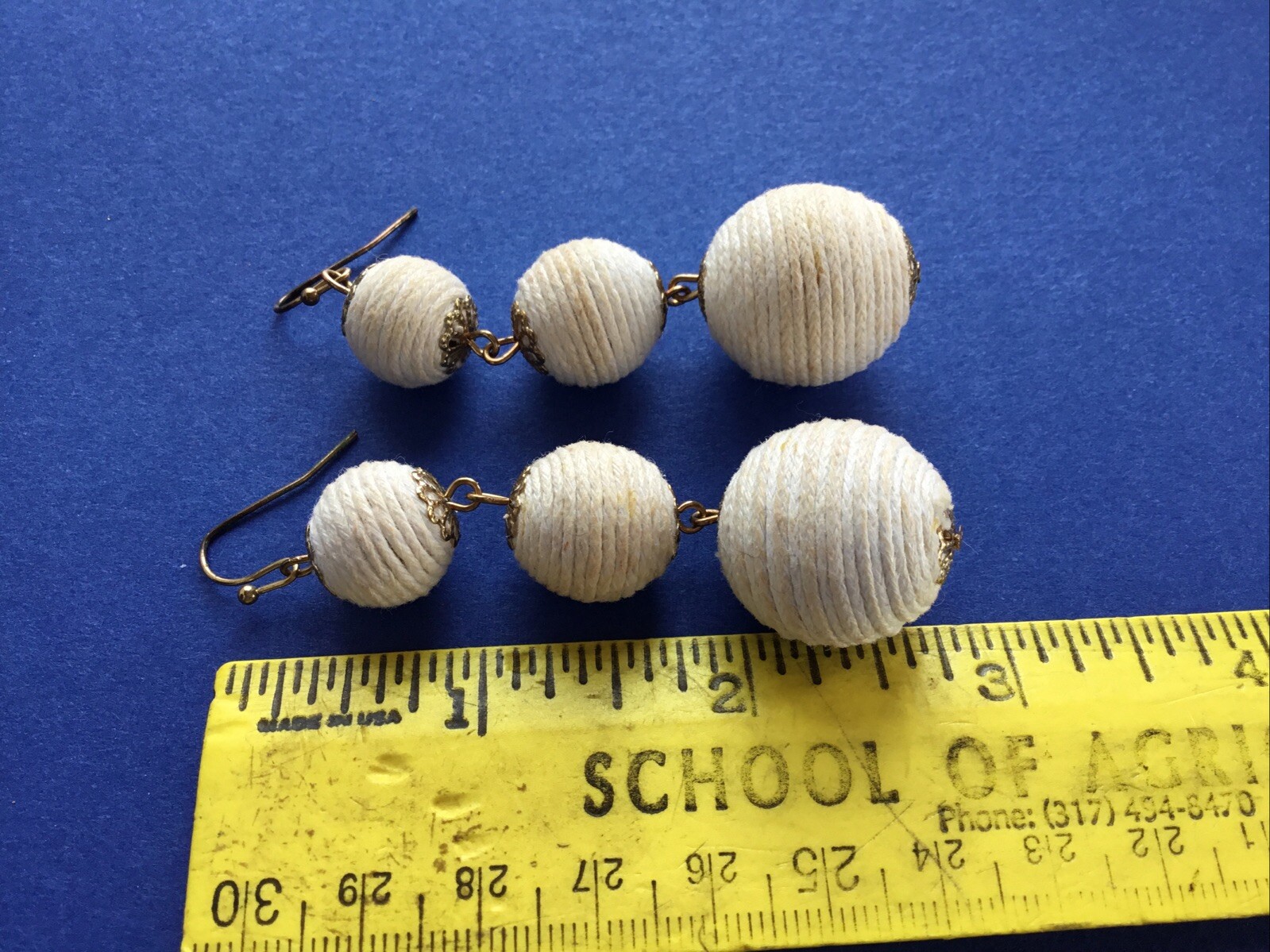 Vintage Boho White Cotton Cord Dangle Hook Ball Earrings 2 1/2″ drop