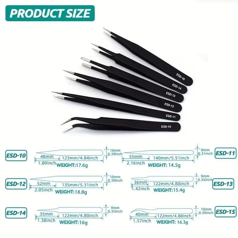 6Pcs ESD Anti-static Tweezers Set Maintenance Repair Stainless Steel Tools Kit