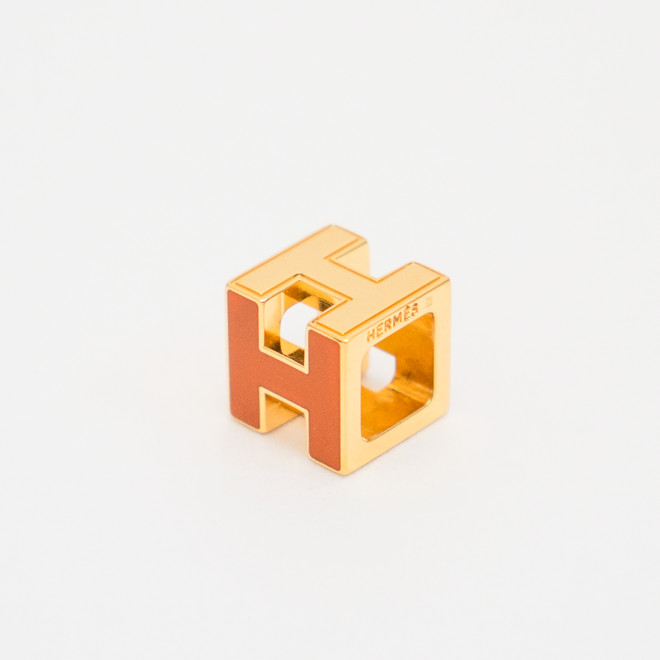 HERMES Cage d’H Cube Pendant Top Charm Orange Lacquer Gold Tone Auth No Chain