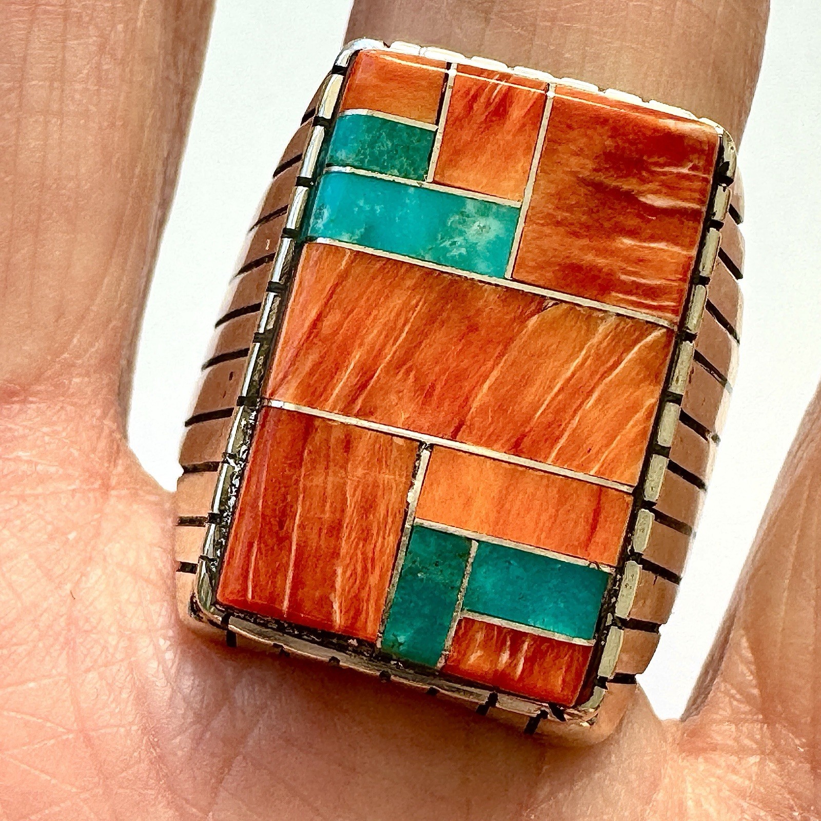 Turquoise Multi Stone Inlay Mens Ring Sz 13 Navajo Sterling Signed T Jack 22mm