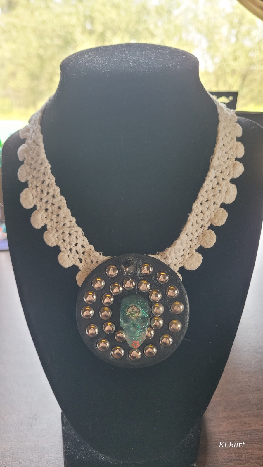 Homemade faux leather snap lace blue epoxy skull choker, Halloween themed
