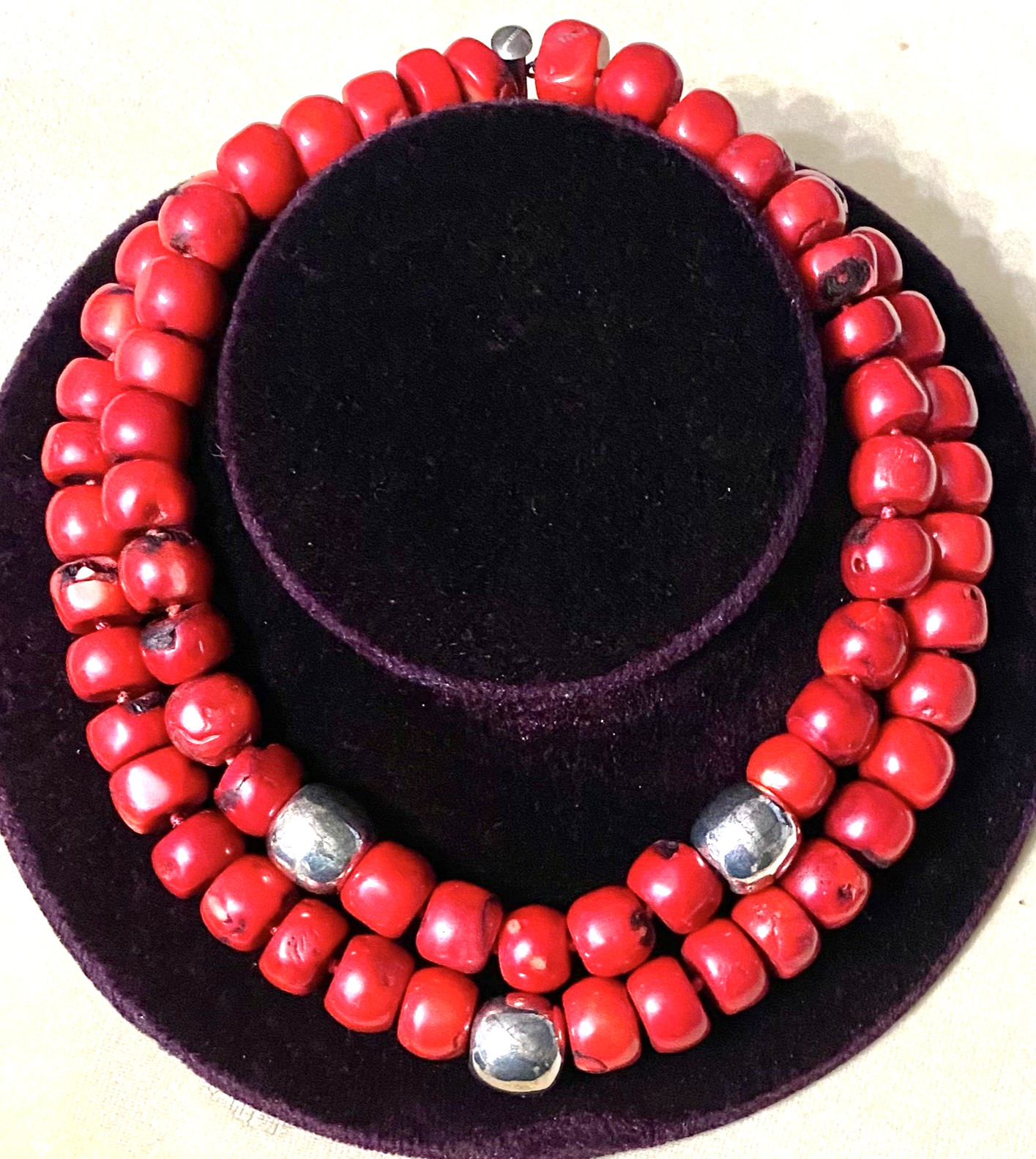 Auth. RED BAMBOO CORAL Necklace Heavy Bead Sterling 925 Clasp 2 Strand 17″ Long