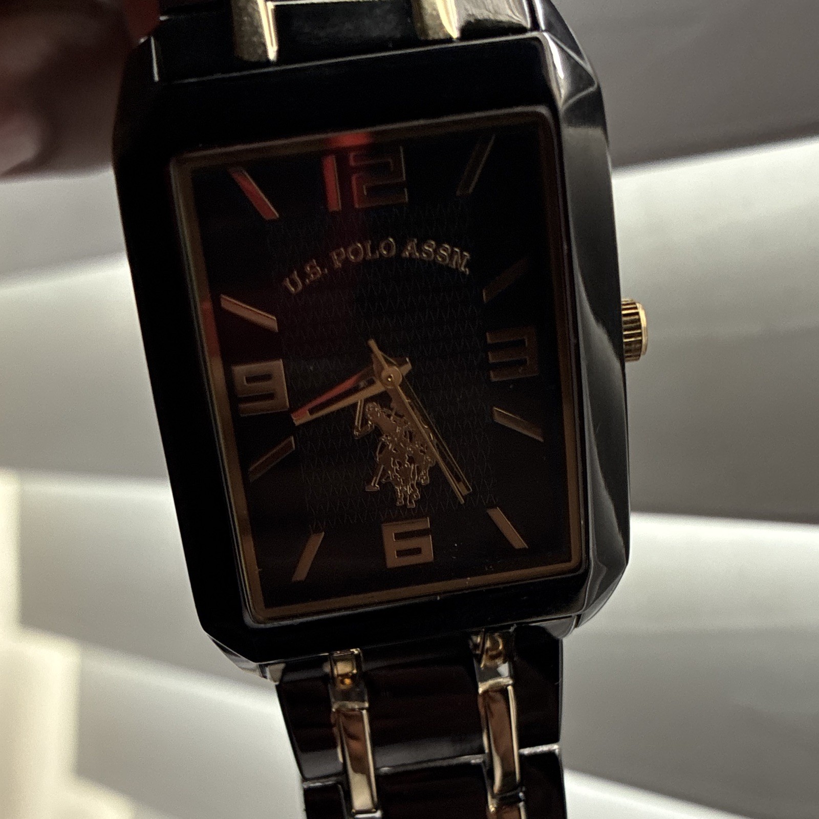 US Polo Assn. Men’s Rectangular Quartz Watch Black/Gold Two-Tone Bracelet