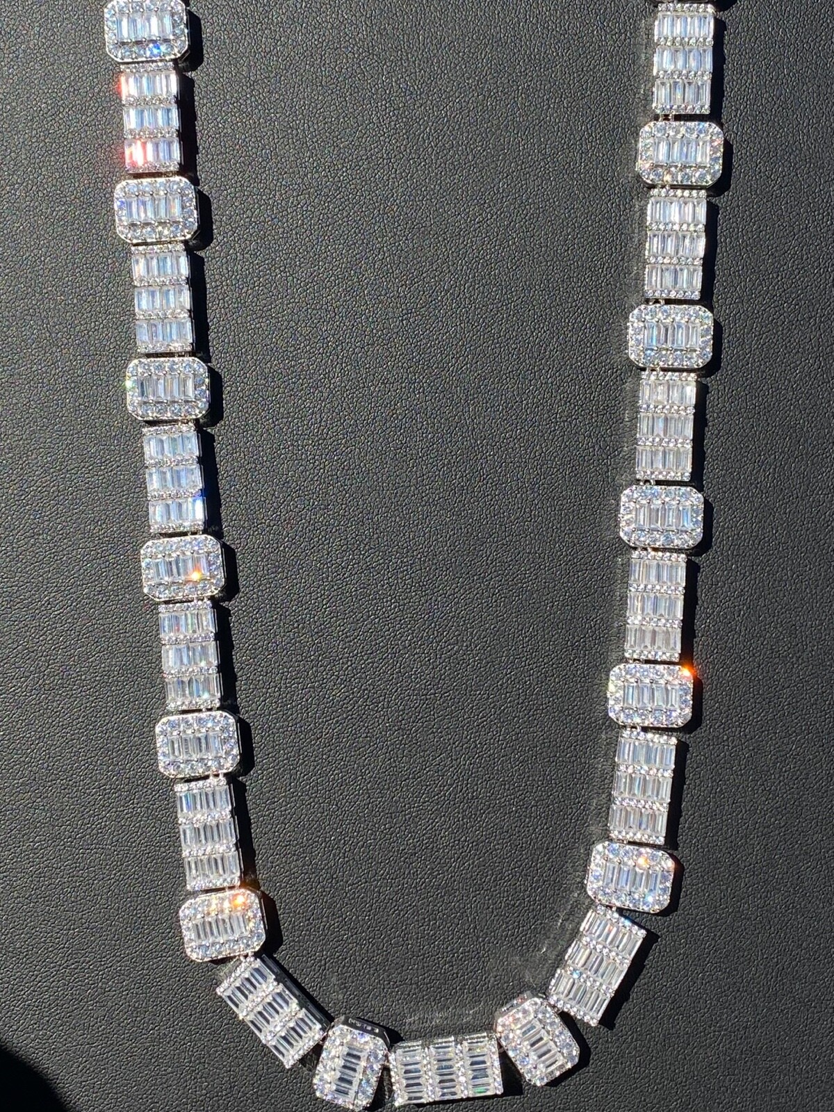 Real 925 Sterling Silver Baguette Link Chain CZ 13mm Men’s Necklace Bust Down