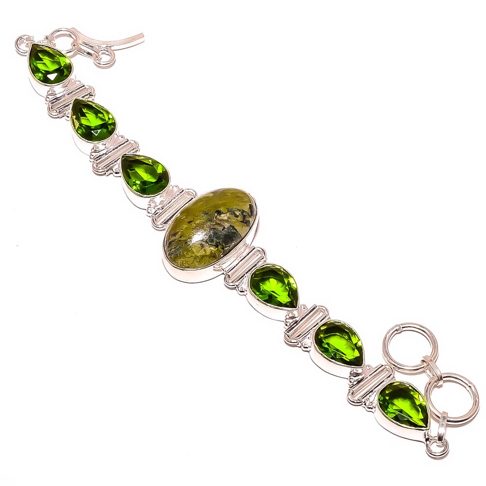 Natural Atlantisite Stichite & Peridot 925 Silver Plated Bracelet 7-7.99″ T498