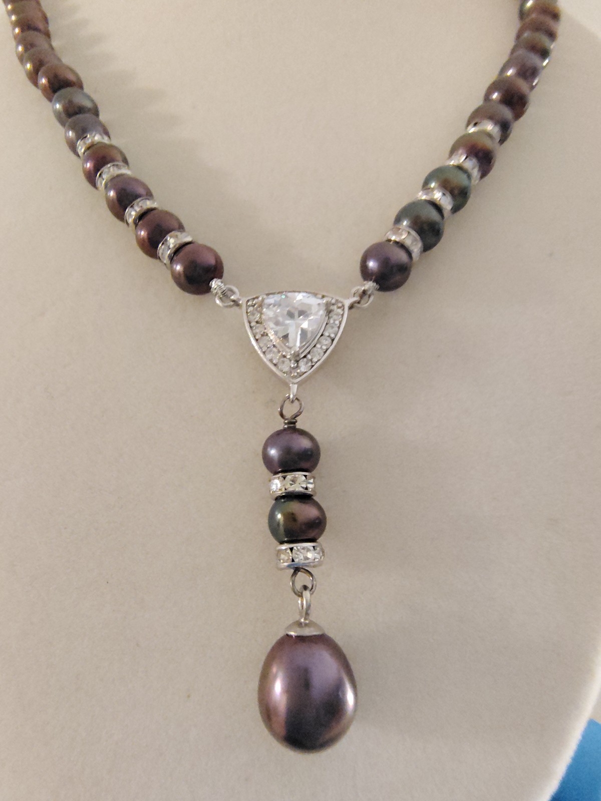 Danbury Mint Peacock Black Pearl Trillion CZ Y Drop Necklace 18″ + 2″ Extender