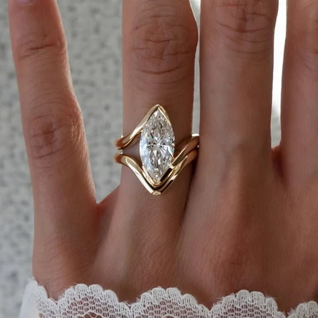 1.75Ct Marquise Moissanite Bridal Ring Set 925 Sterling Silver 14K Gold Vermeil