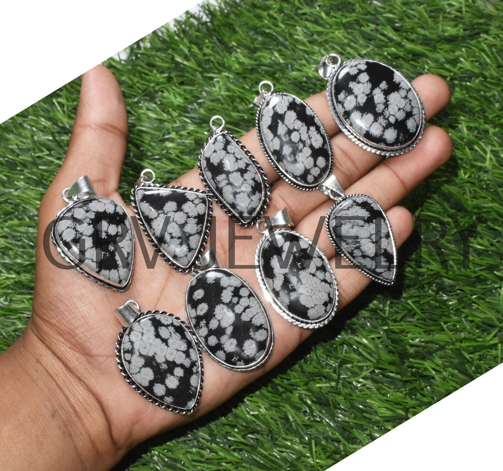 1-500 Pcs Snowflake Obsidian Pendant Wholesale Lot Bulk: Silver Plated WH-24