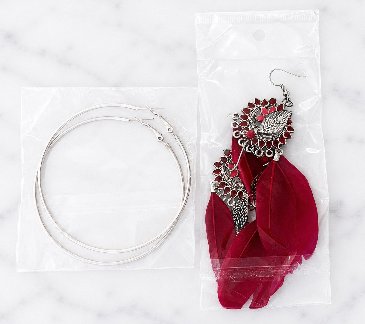 Fashion Earrings Lot Large Silver Hoop & Red Feather Statement Earrings 2 Pairs