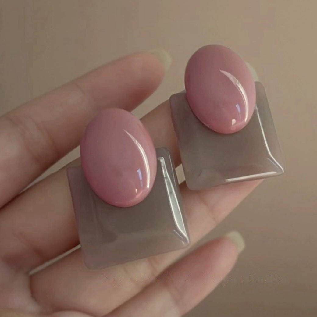 Pink/Gray Geometric Rectangle Stud Earrings, Plastic/Resin, Lobe
