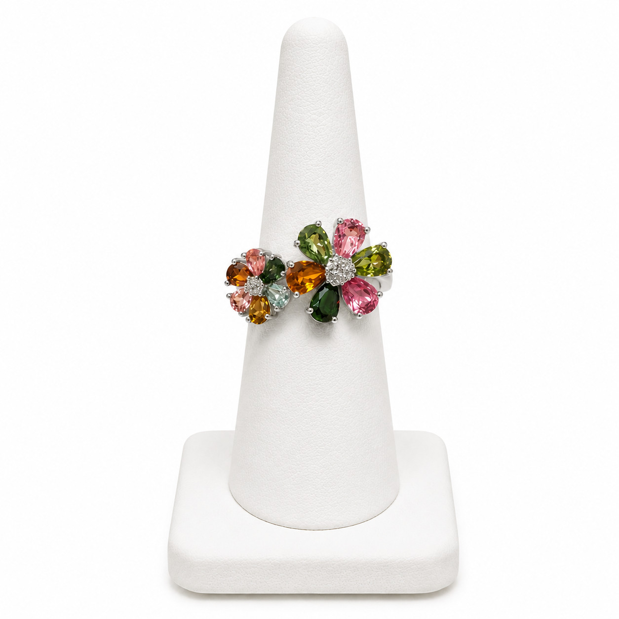 Multi Gemstone Tourmaline 2 Flowers (5) Sterling 925 Bypass Ring Pink Green NEW