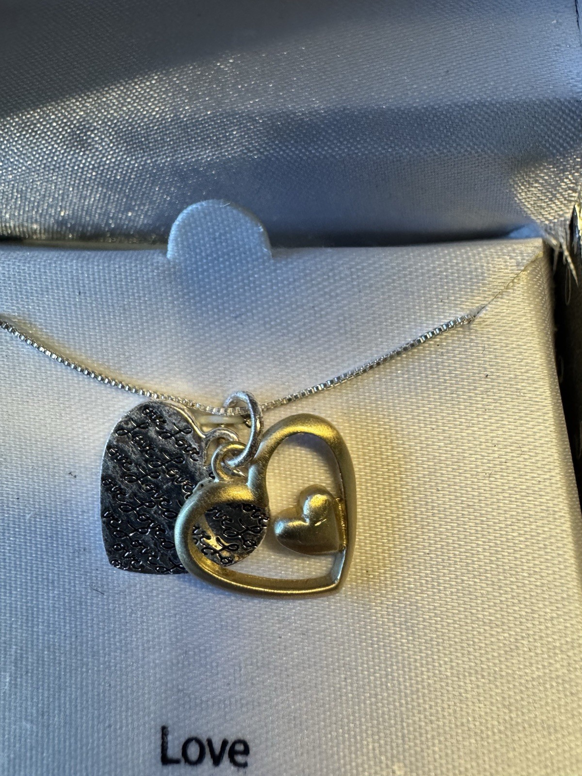 Kohl’s Sterling Silver Necklace LOVE 2 heart Charms BRAND NEW gold and silver