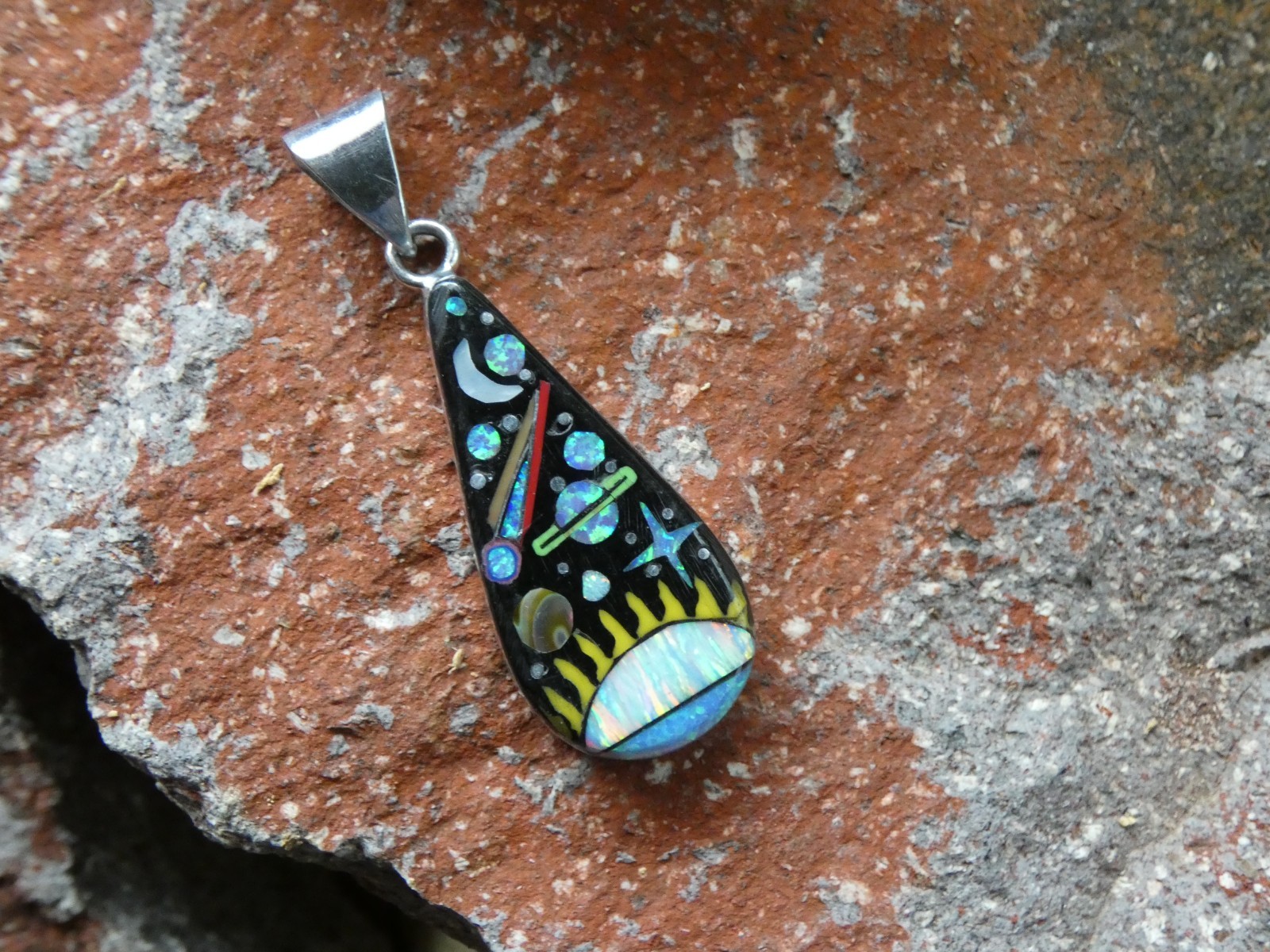 Sun Planets Night Sky Gemstone Opal Aluminum Sterling Silver Alloy Pendant AT2