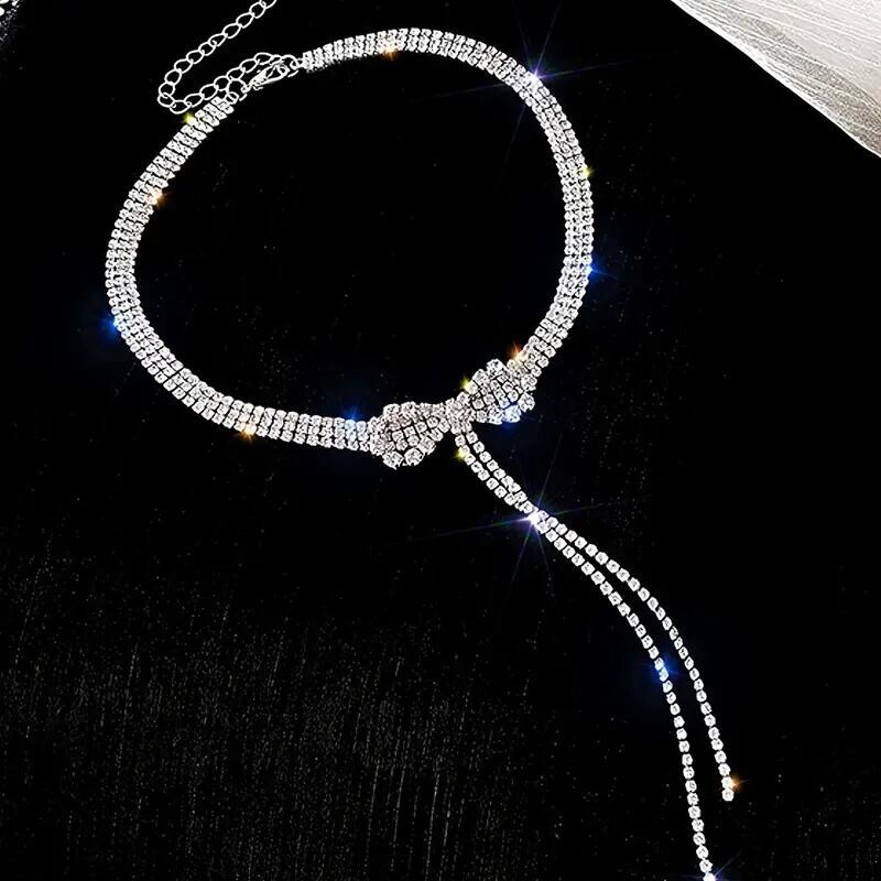 Luxury Sparkly Rhinestone Necklace Crystal Bowknot Pendant Choker Party Jewelry