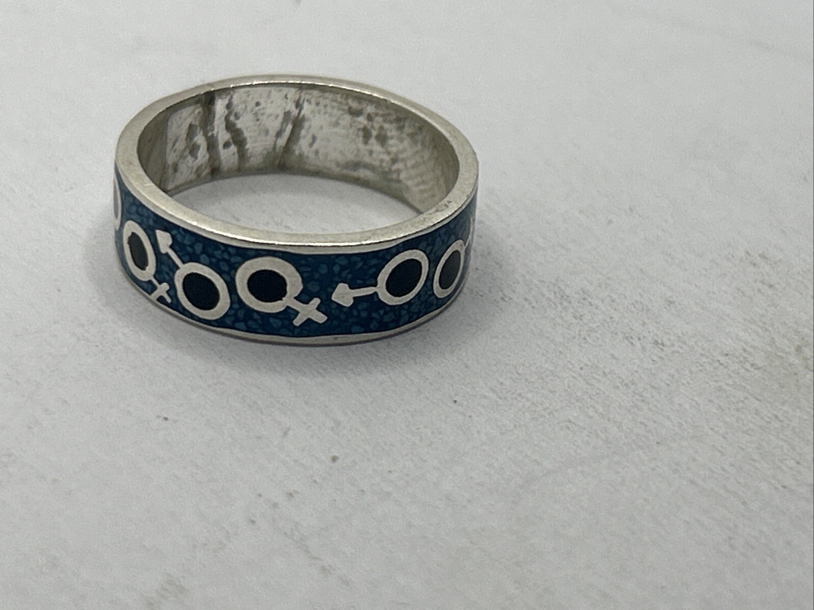 925 Sterling Silver male female ring black and blue enamel size 7.5, Mexico
