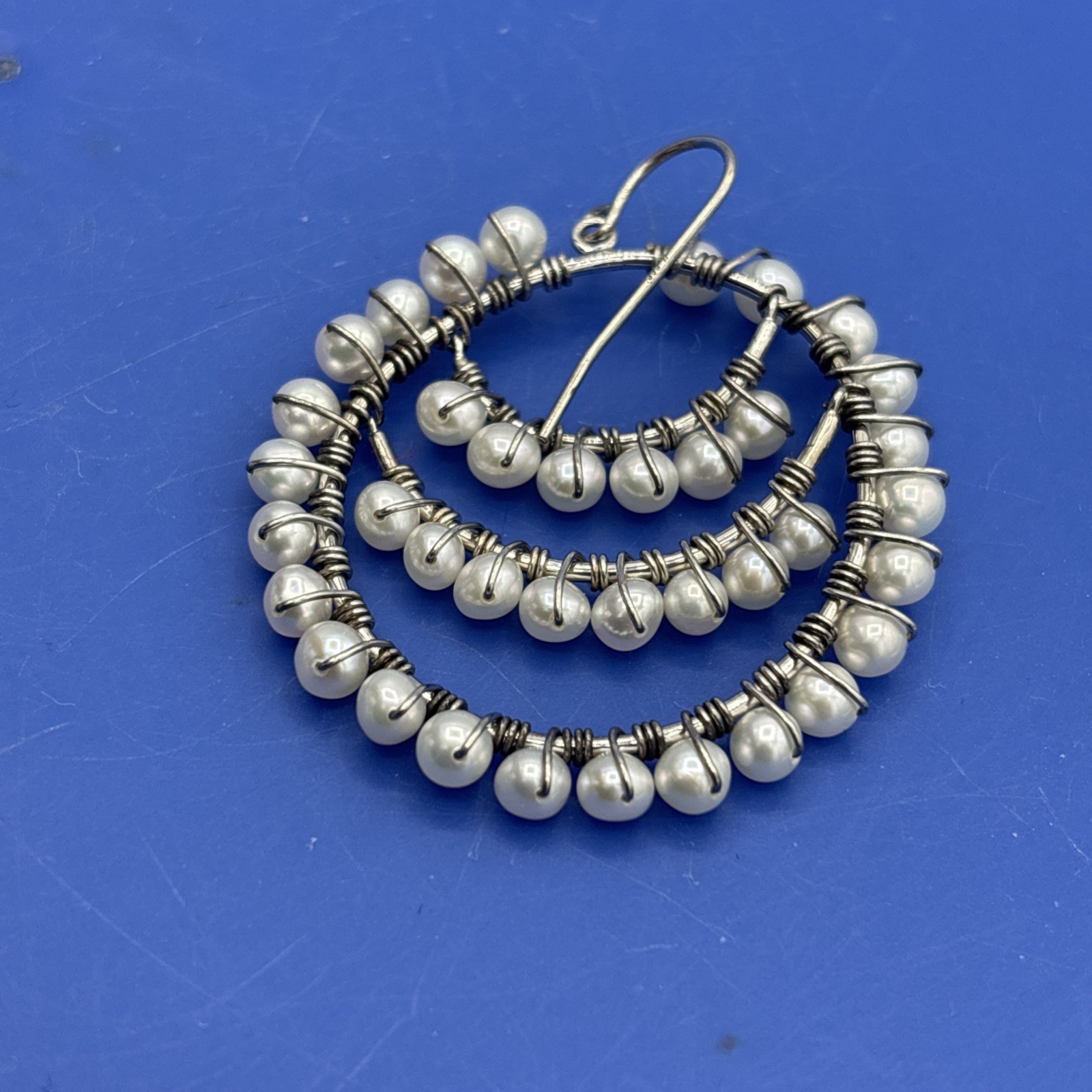 925 Sterling Silver Multi Hoop Wire Wrapped Faux Pearl Dangle Earrings 1.5″