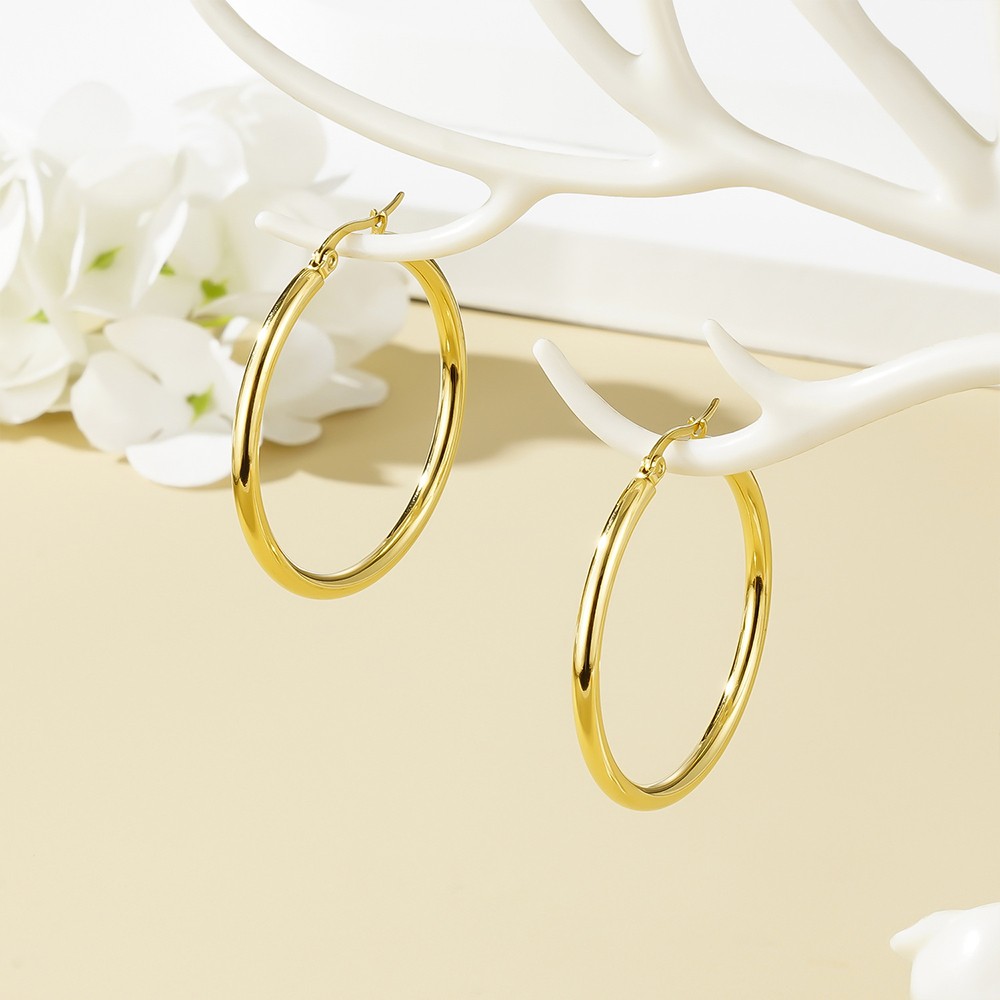 14K Real Solid Yellow Gold Shiny Polished Round Creole Hoop Earrings All Sizes