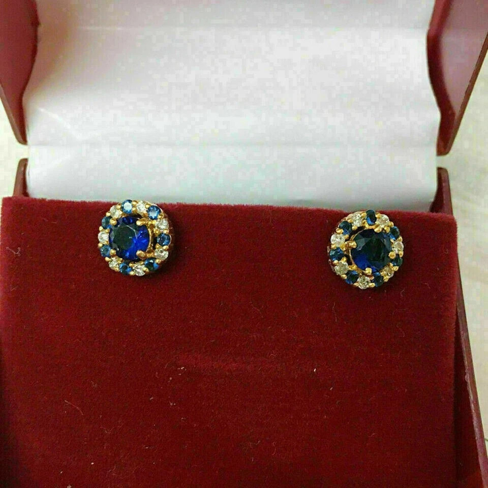 1.50Ct Lab Created Sapphire & Diamond Halo Stud Earrings 14k Yellow Gold Over
